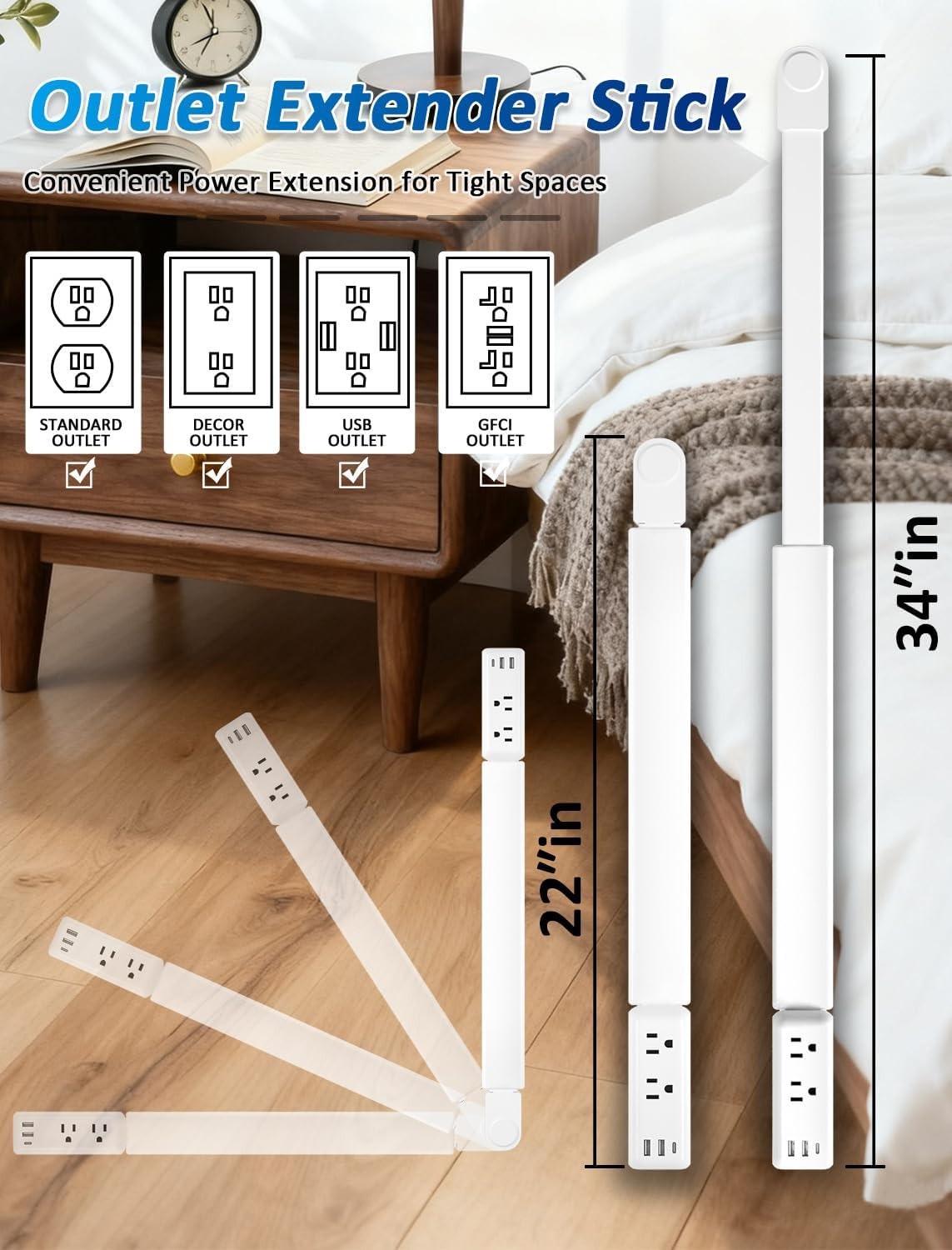 Outlet Extender Stick, 22"-34" Vertical, 2 AC Outlets & USB Ports, Rotating