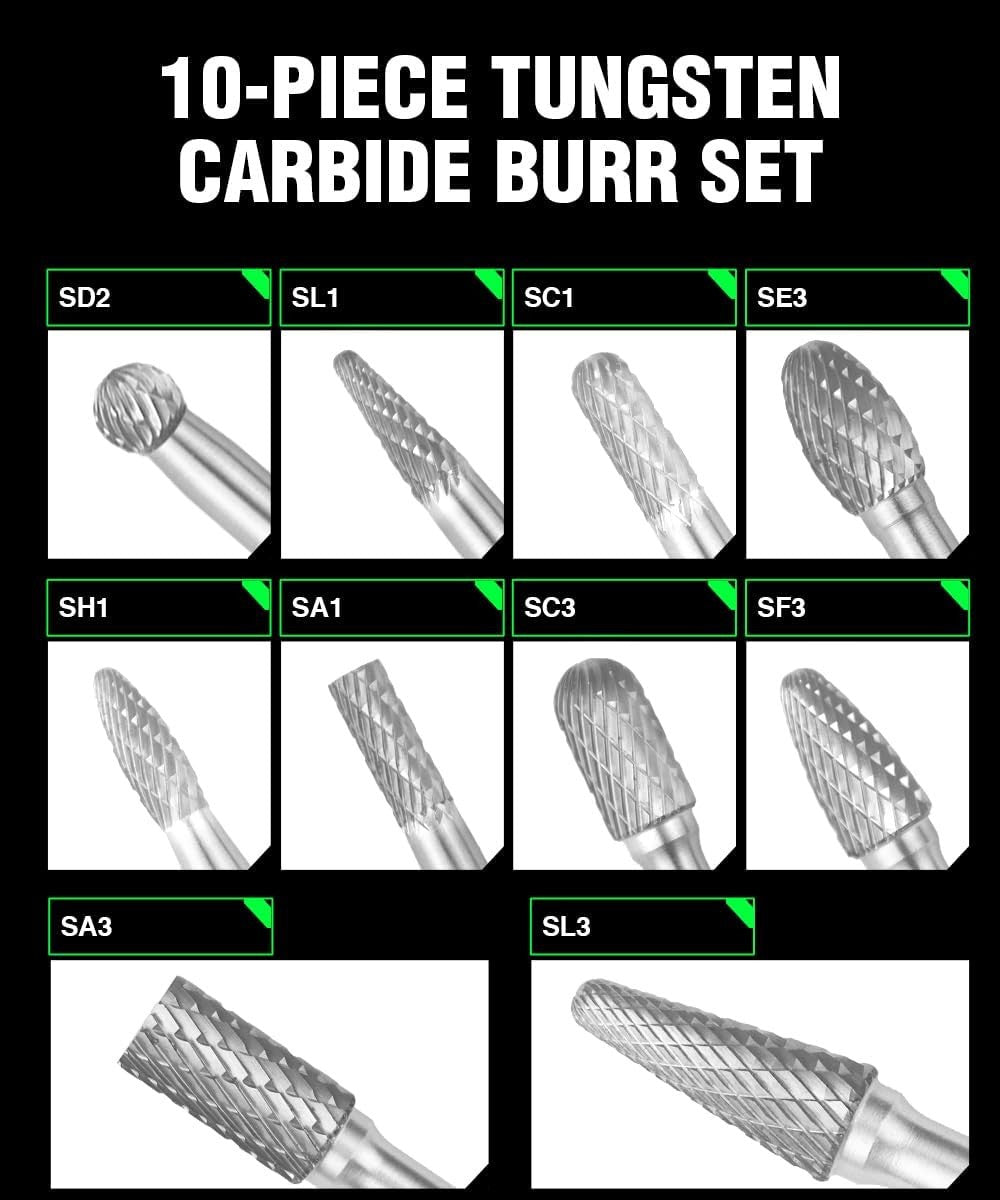 Carbide Burr Set, 1/4" Shank, 10-Piece Double Cut for Metal & Wood