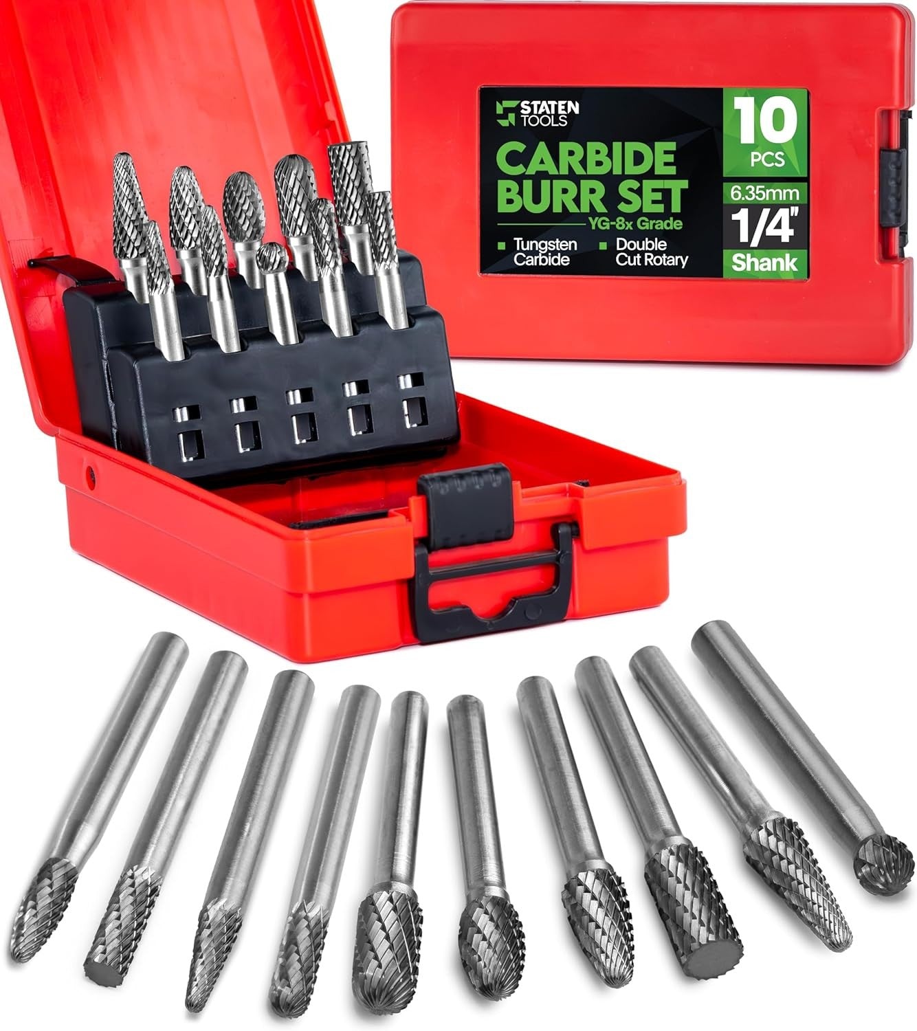 Carbide Burr Set, 1/4" Shank, 10-Piece Double Cut for Metal & Wood