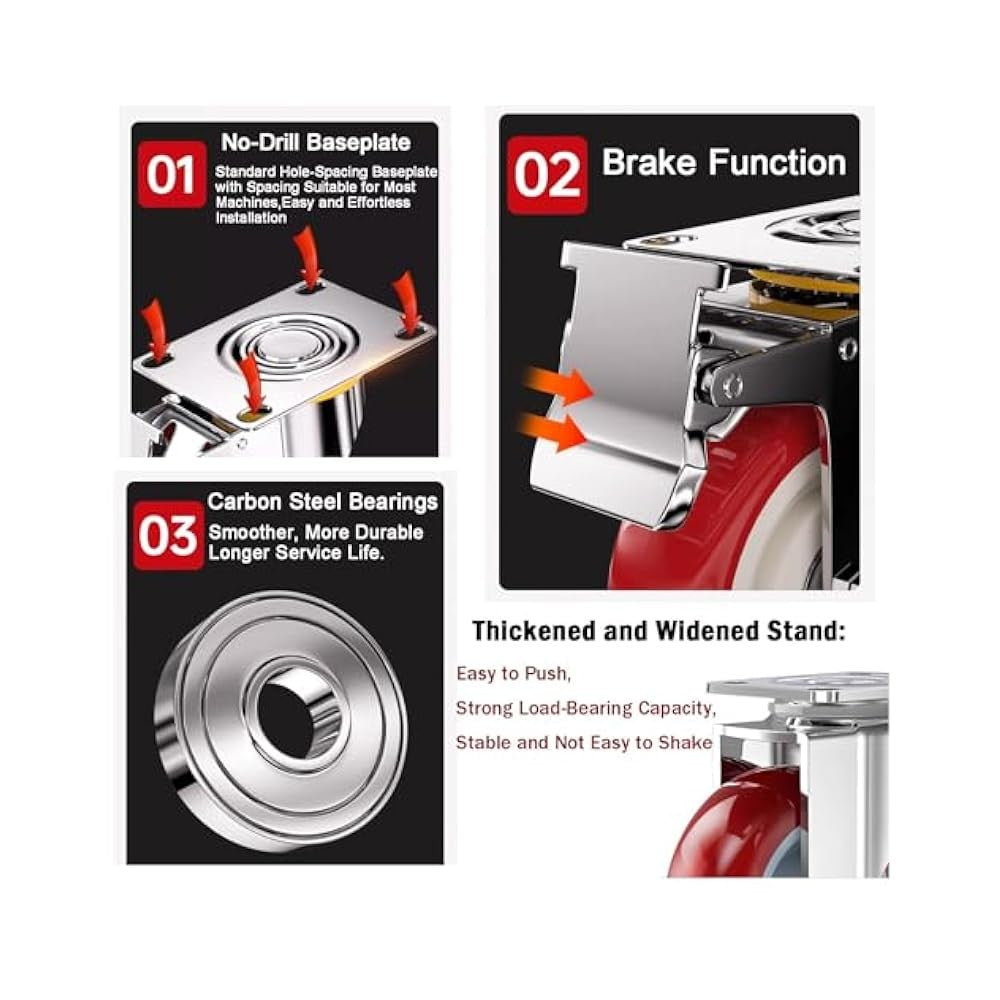 4-Pack 4" Casters with Brakes, 2400lbs Capacity, Swivel, for Furniture