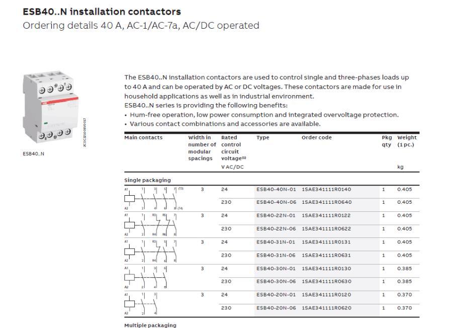 1/Piece ESB40-40N-08 ABB Building Specific 40A Contactor Coil Voltage 415V AC/DC