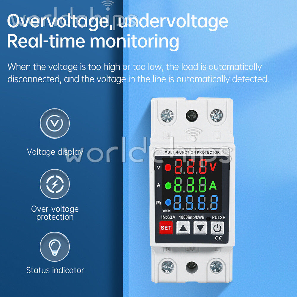 35mm Rail Self-Reclosing Voltage Current Power Meter KWh Voltmeter Ammeter 63A