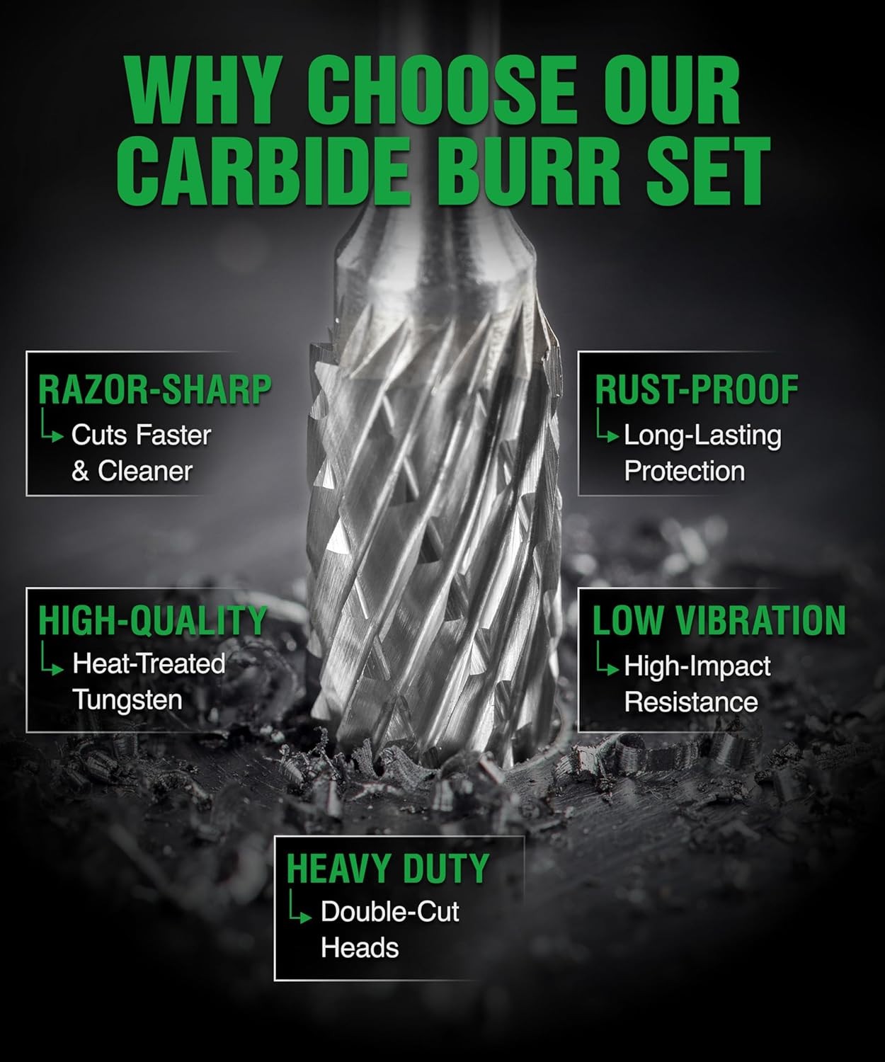 Carbide Burr Set, 1/4" Shank, 10-Piece Double Cut for Metal & Wood