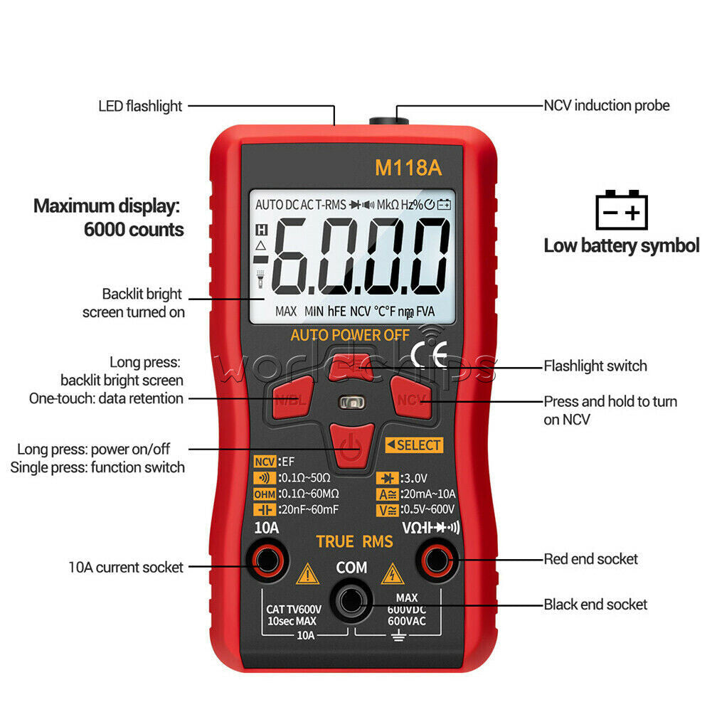 M118A True RMS Digital Multimeter Amp Ohm Voltage Resistance Tester Meter AC/DC