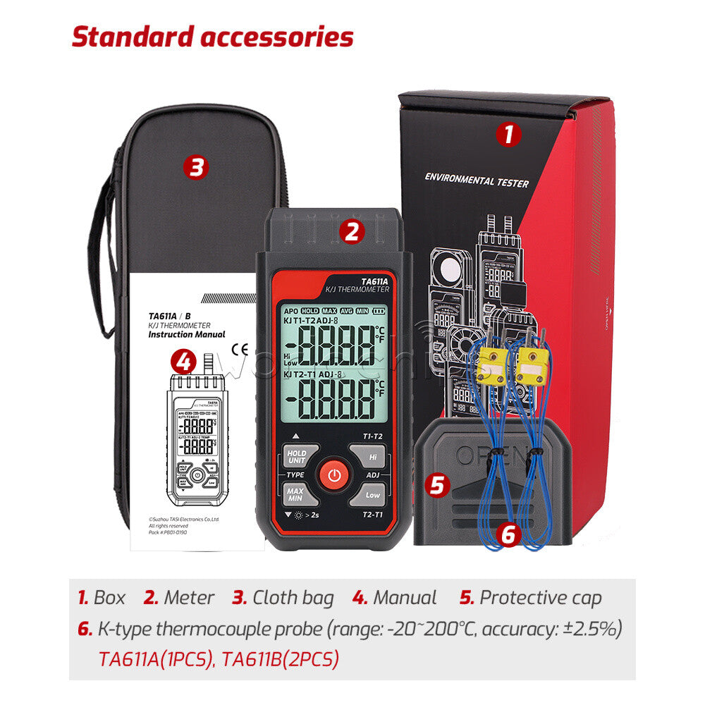 TASI TA611A/B Digital Thermocouple K/J Thermometer Contact Temperature Tester