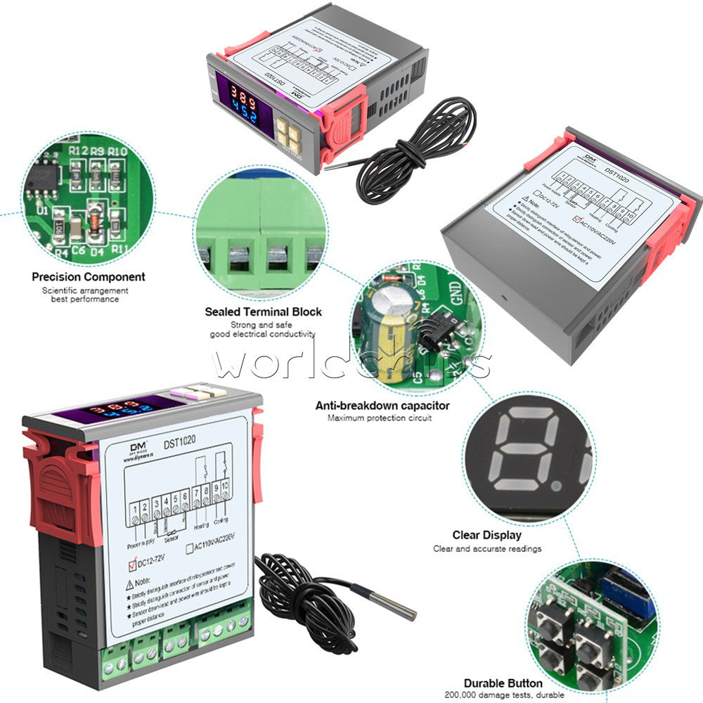 DST1020 Dual Display LED Digital Thermostat Temperature Controller DS18B20 Probe