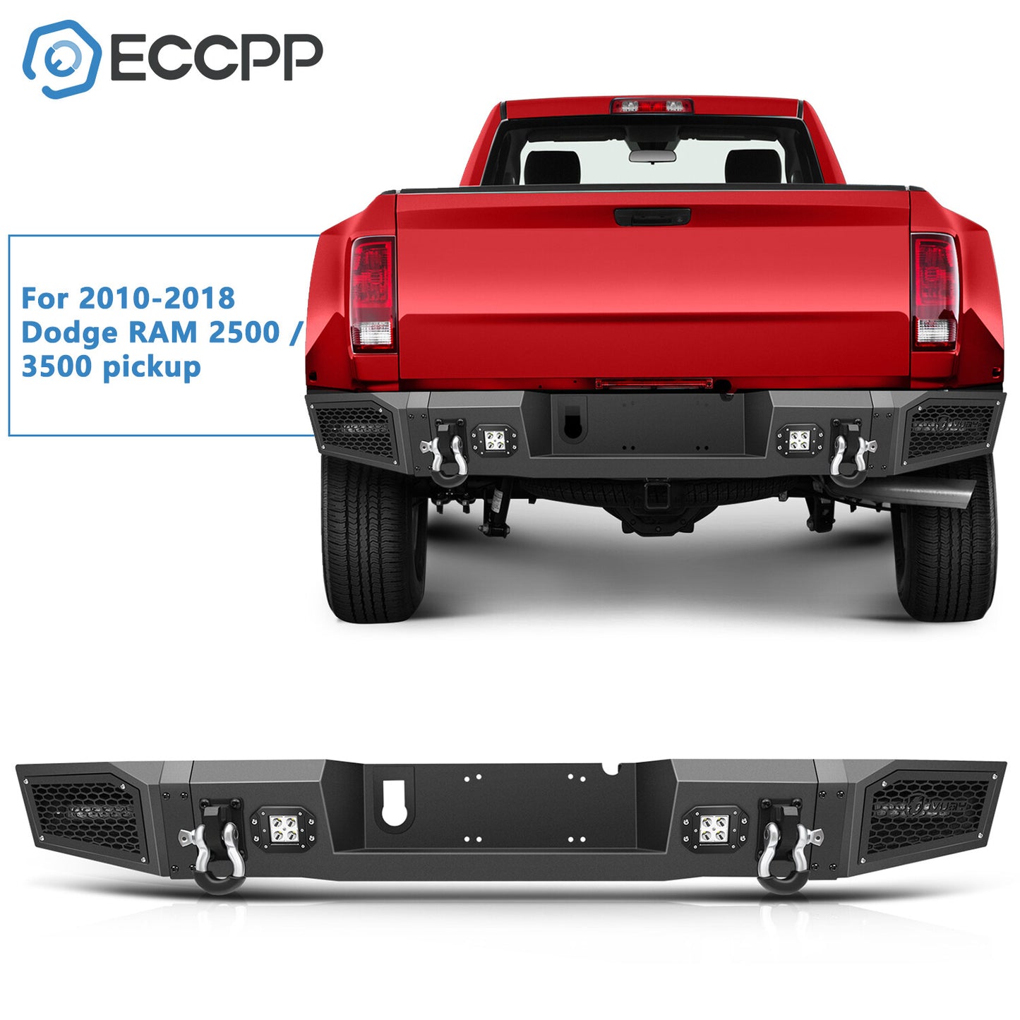 Textured Heavy Duty Rear Bumper Guard w 4 LEDs For 2010-2018 Dodge Ram 2500 3500
