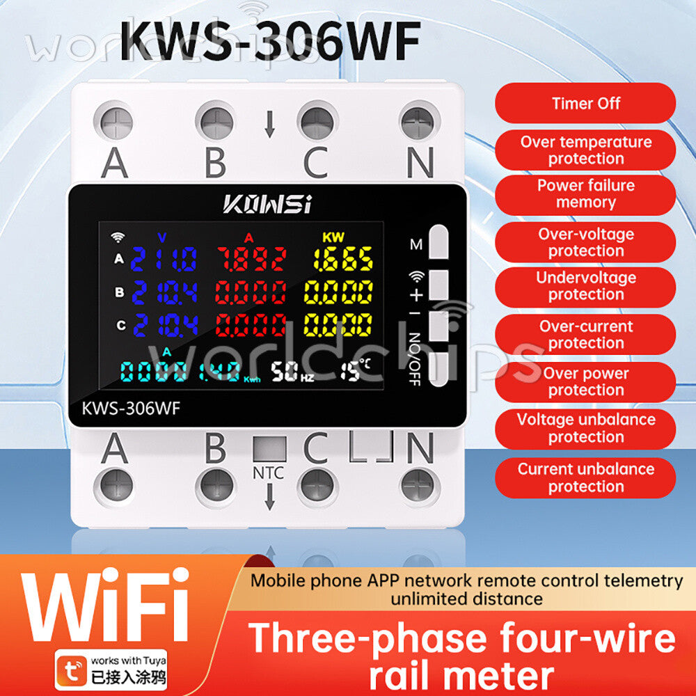 Electricity 3 Phase 4 Wire Energy Meter AC Power DIN Rail Wattmeter Consumption