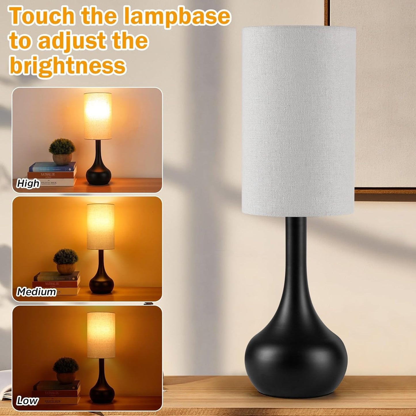 Touch Table Lamp for Nightstand, 3-Way Dimmable, Space Saving & No Assembly Requ