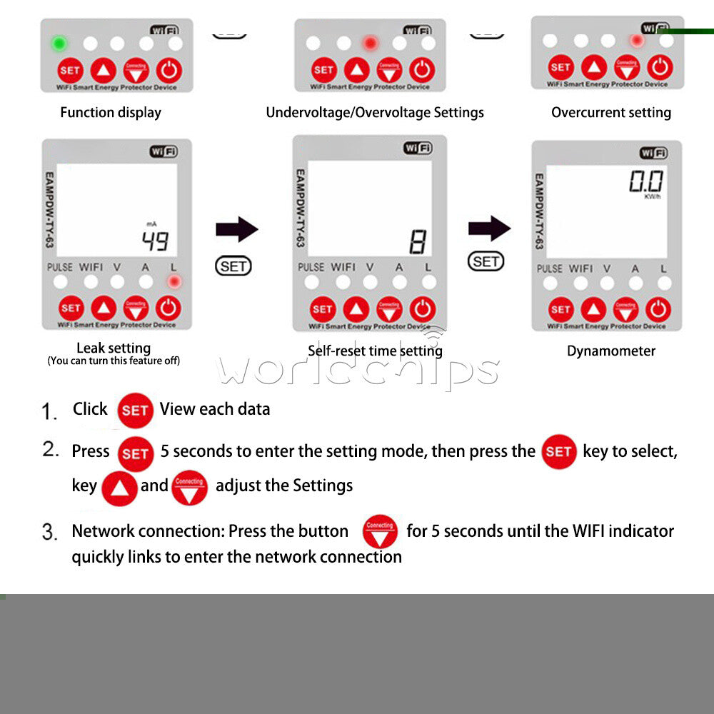 63A LCD Digital Display Adjustable Over Under Voltage Current Protector Relay