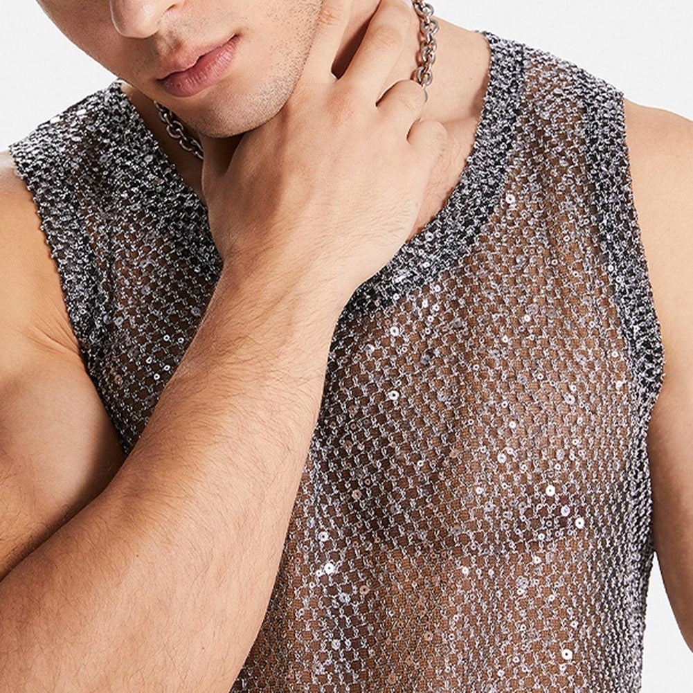 Men's Black Fishnet Party Tops Sexy Glitter Sheer See Through Tank Sizes S 3XL