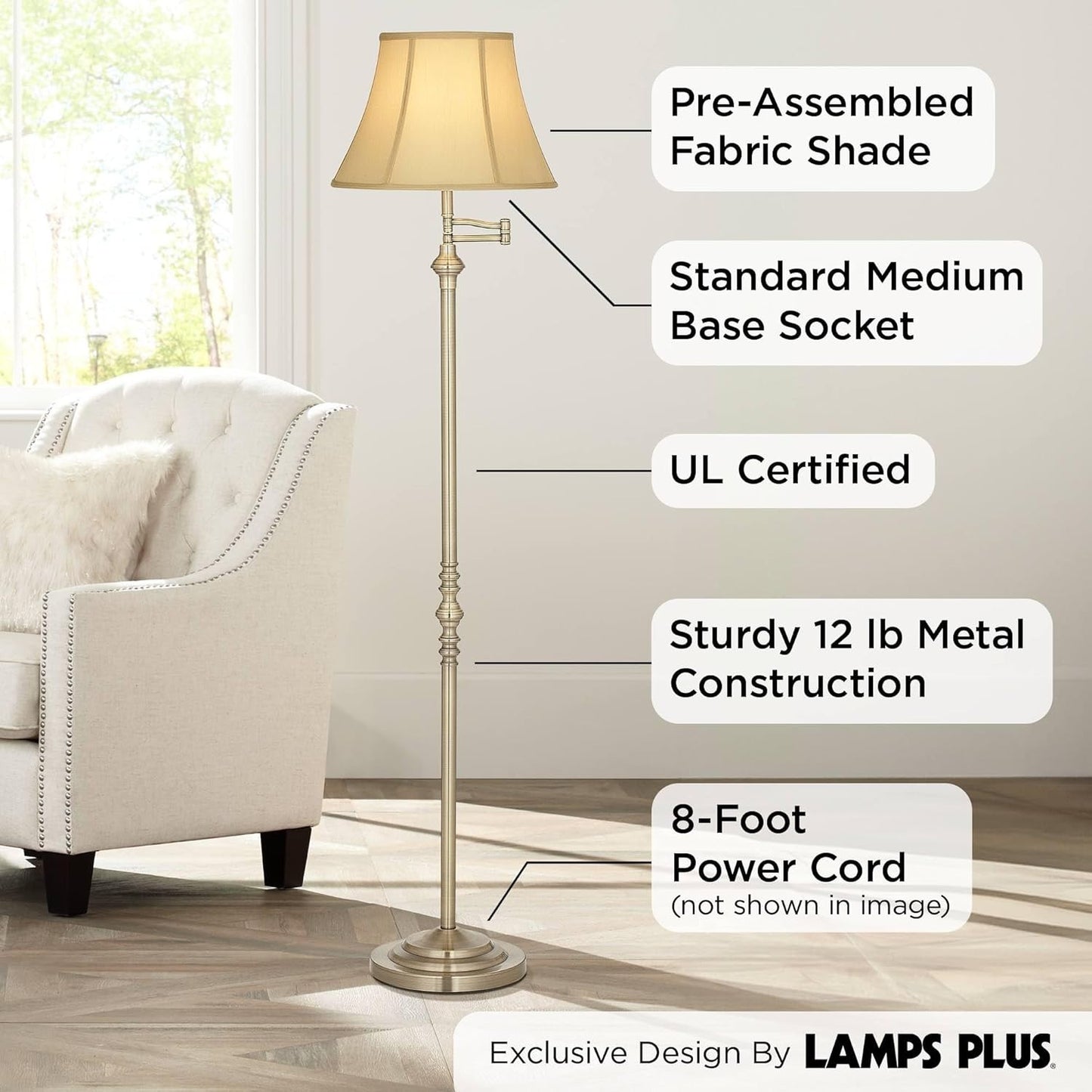 Montebello Adjustable Swing Arm Floor Lamp - 60" Tall, Antique Brass, Bell Shade