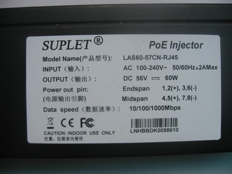 SUPLET LAS60-57CN-RJ45 56V 60W 1.07A Haikang With Power cord POE power module