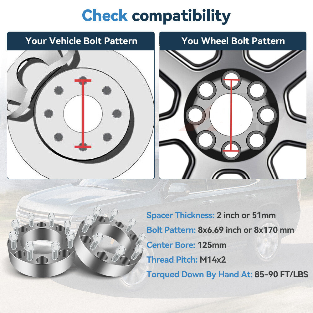 2X 8x170 Wheel Spacers 2 inch For Ford F250 F350 Super Duty with 14x2 Studs Only