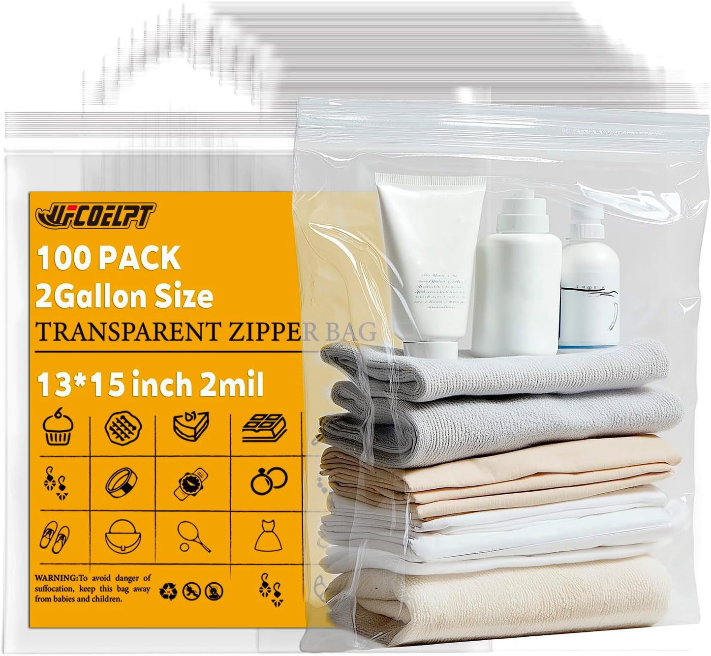 100 Count 2 Gallon Zip Storage Bags 13"×15", Reclosable Food Grade 2Mil Plastic