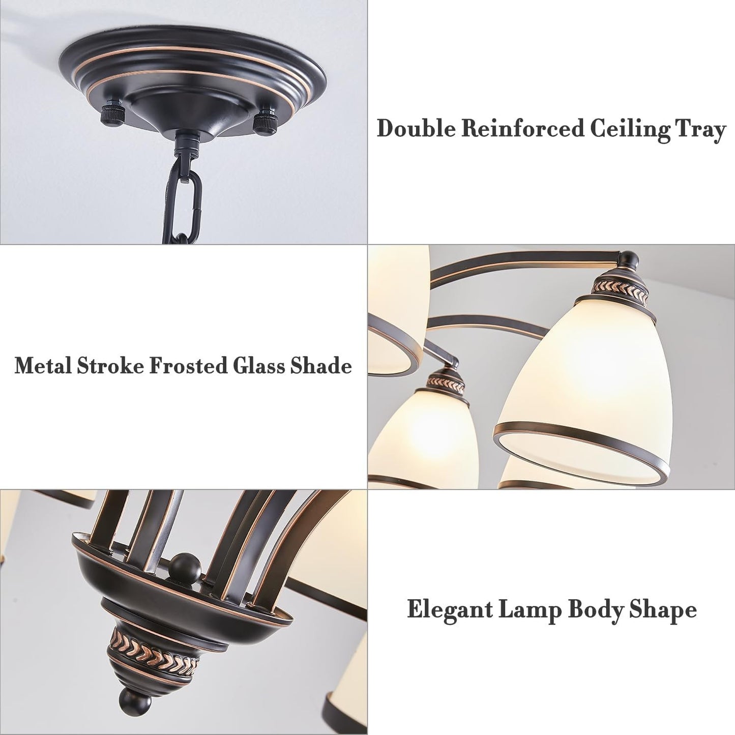 6-Light Chandelier with Frosted Glass, Black and Gold Strokes, 30 Inch