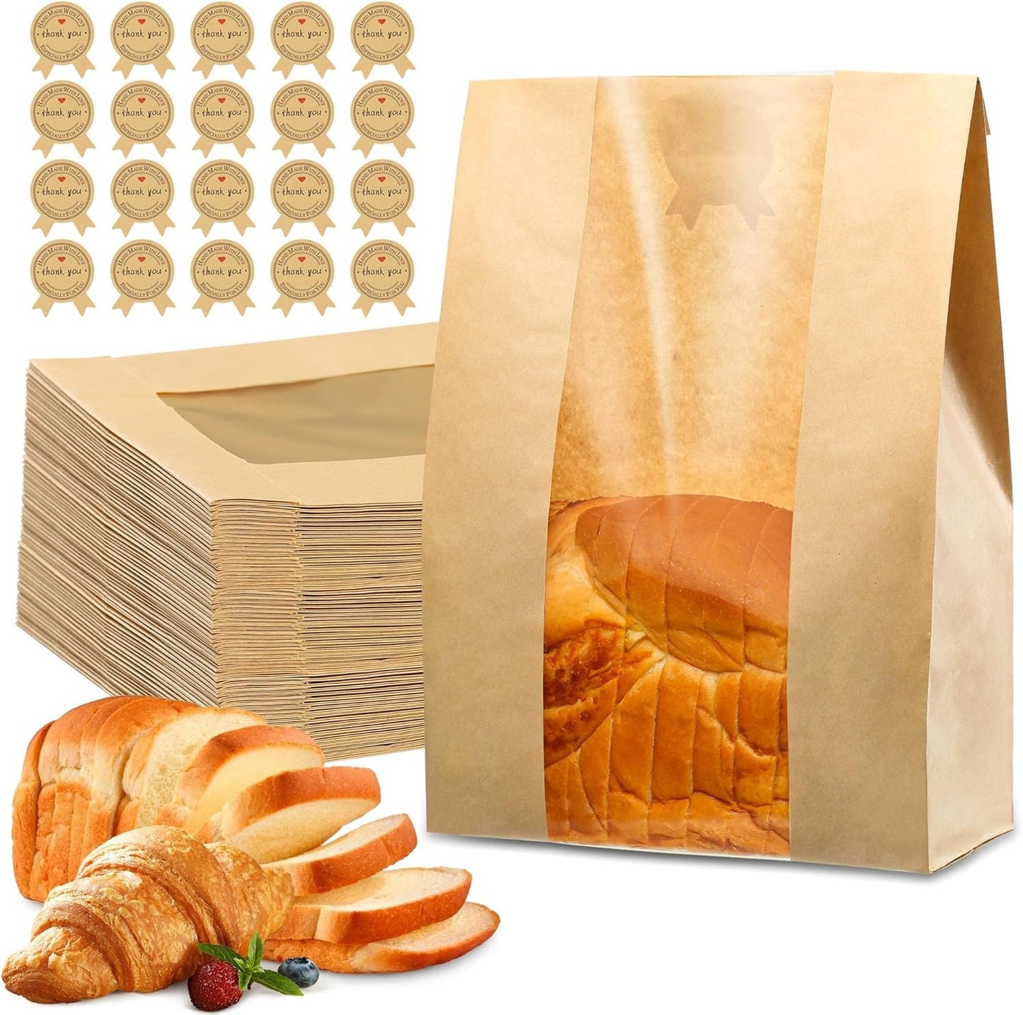 50-Pack Bread Bags with Window, 13.7x8.2x3.7in,Thick Paper,with Sealing Stickers