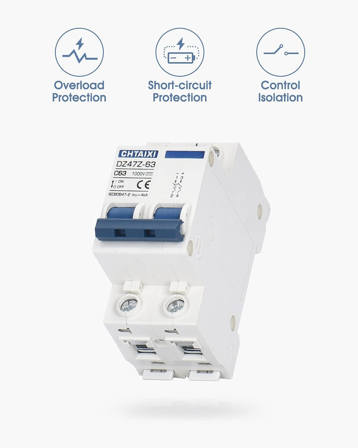 DC Miniature Circuit Breaker, 2 Pole 1000V 63 Amp Isolator for Solar PV System,