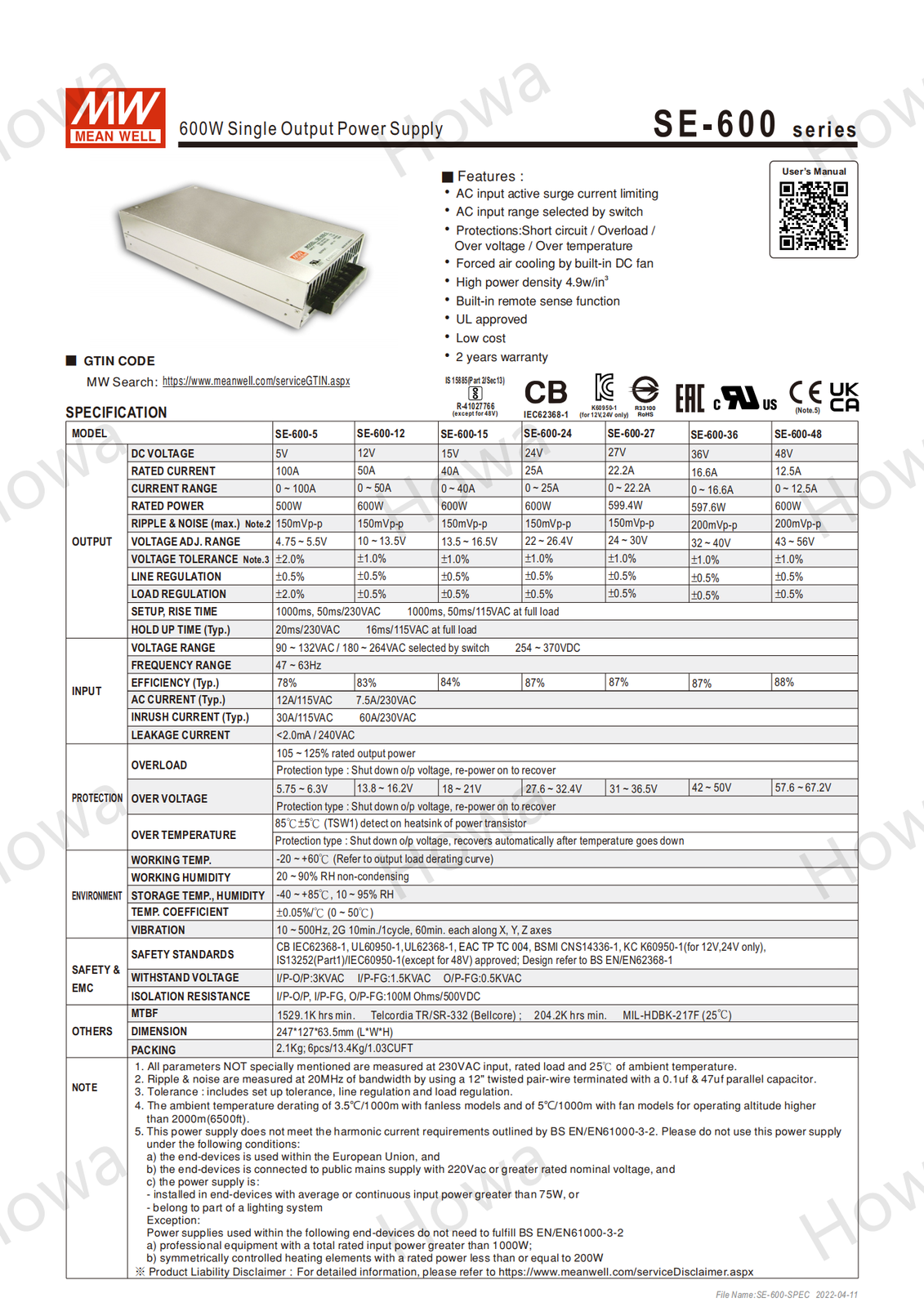 SE-600 W high power switching power supply 5V12V15V24V36V48V industrial control