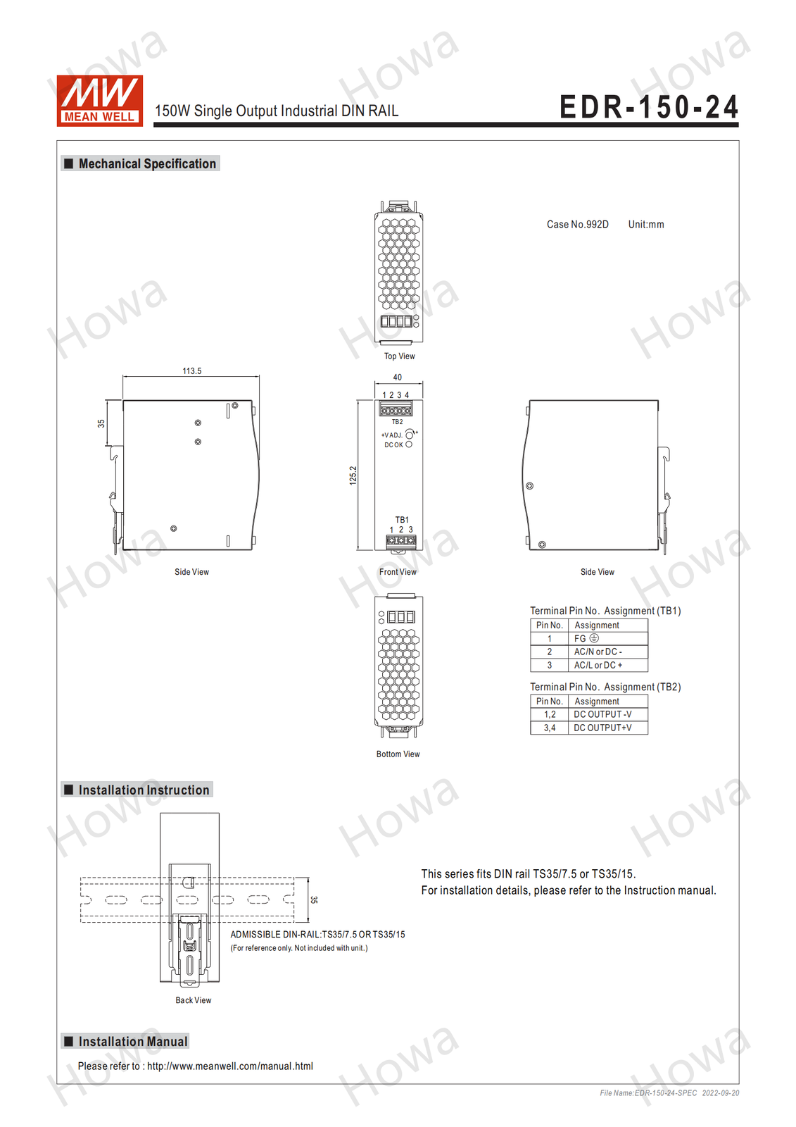 Mean Well EDR-150-24 AC/DC Industrial DIN rail power supply 150W 24V 6.5A