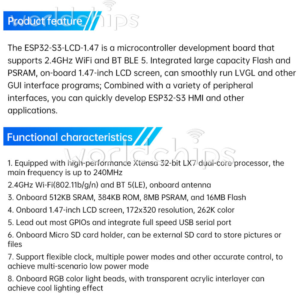 1.47-inch LCD ESP32-S3 WIFI Bluetooth Development Board I2C SPI USB Serial Port