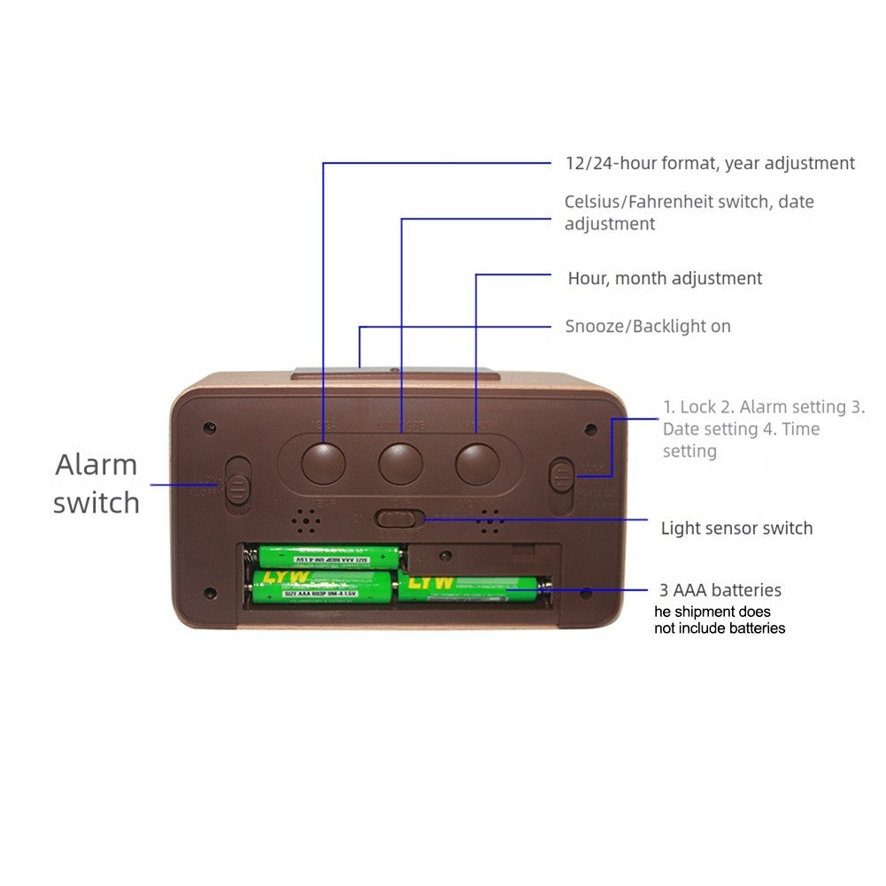 Wooden Digital Alarm Clock with Temperature Display for Home and Office