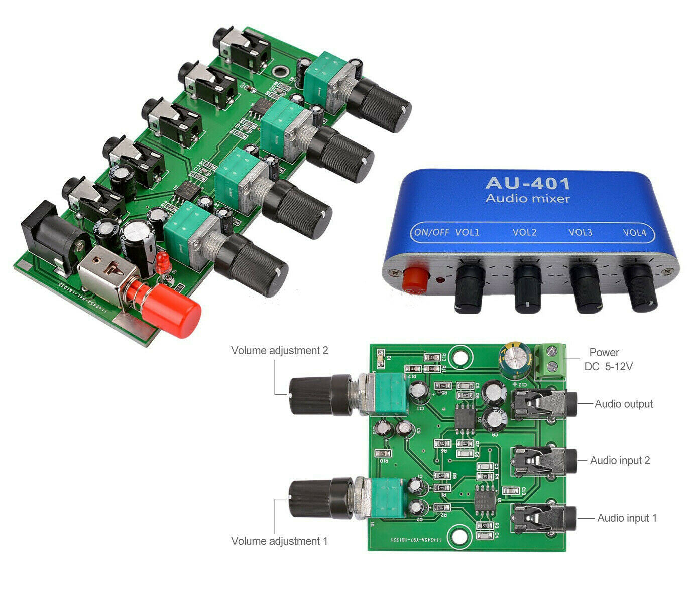 1Pcs Stereo Audio Signal Mixer Board Mix 2way 4way Input 1way Output DC 5V-12V