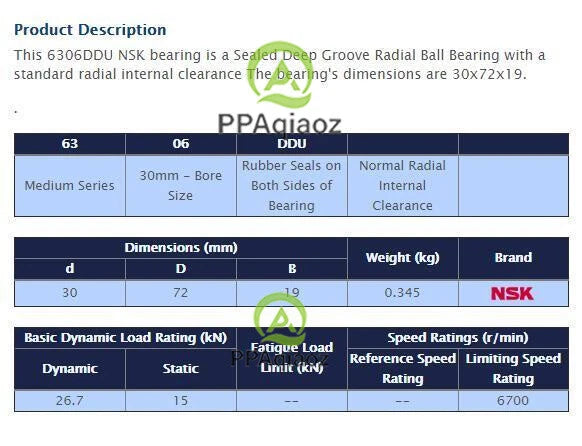 2PCS NSK 6306 DDU Deep Groove Radial Ball Bearing 30x72x19mm #P