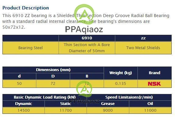 1PC NSK 6910 ZZ Deep Groove Radial Ball Bearing 50x72x12mm. #P