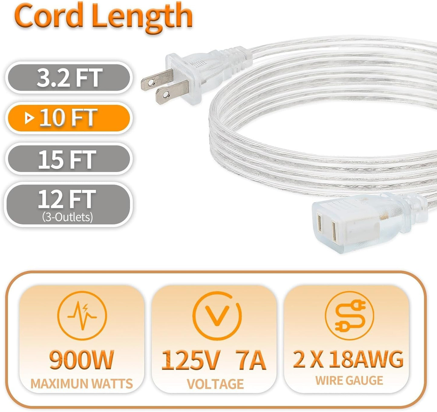 2 Pack Clear Extension Cord with Ul-Certified, 10 Feet Male to Female Extension