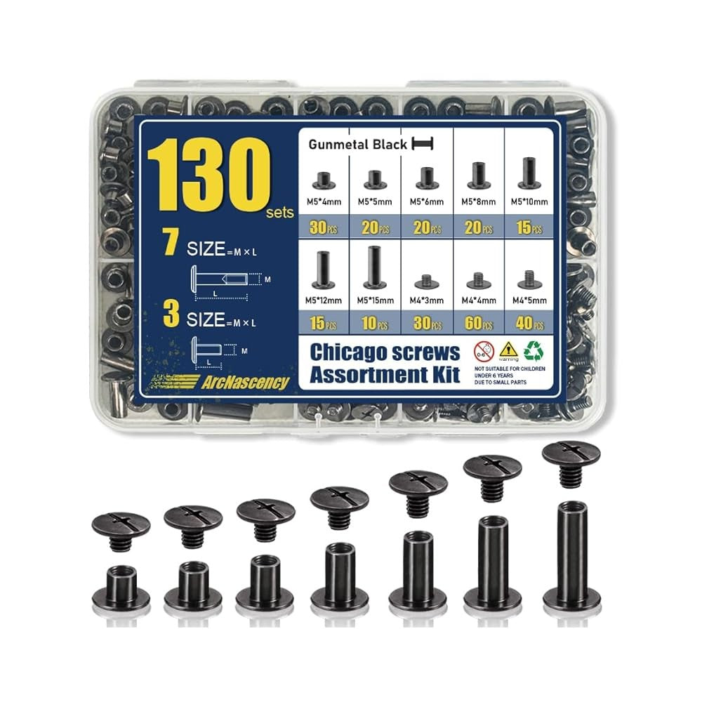 130 Sets Chicago Screws Leather Rivets Kit, Gunmetal Black, 7 Sizes