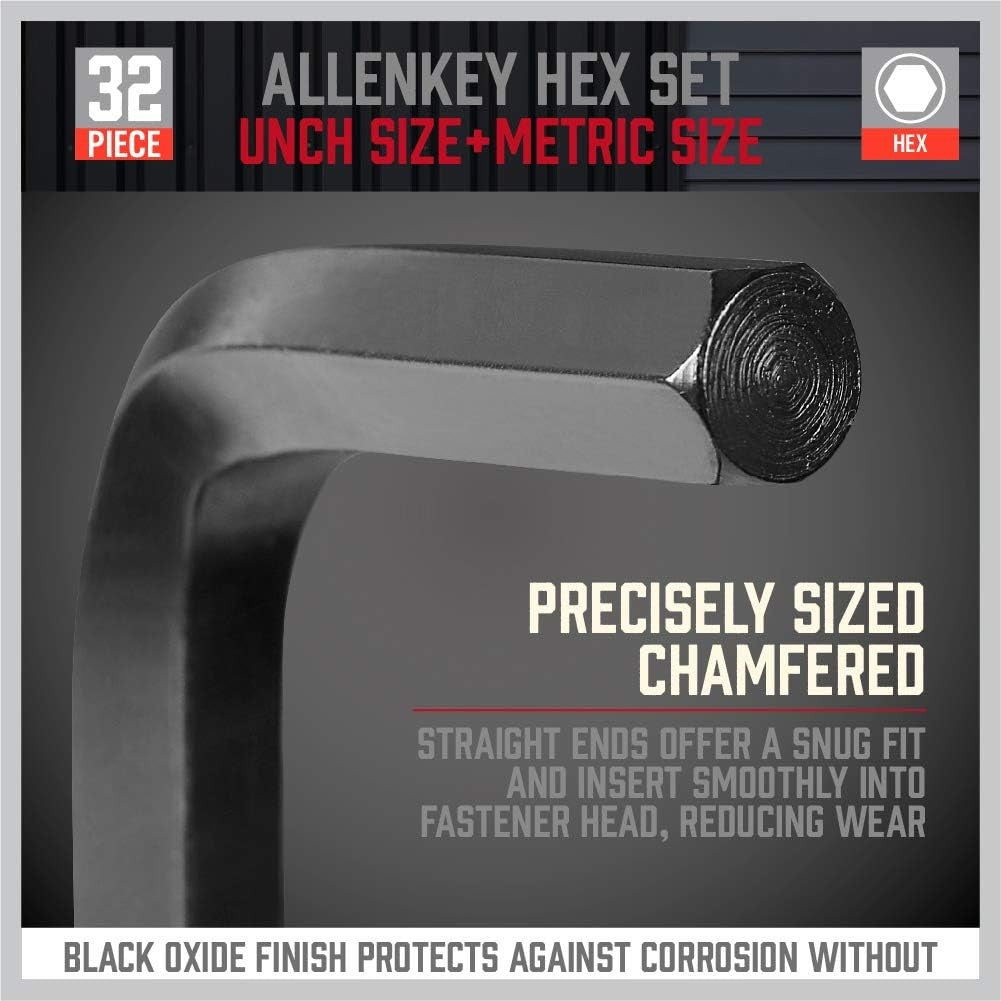 32-Piece Hex Key Wrench Set, Metric and SAE Allen Wrenches (0.028-3/8 Inch, 0.7-