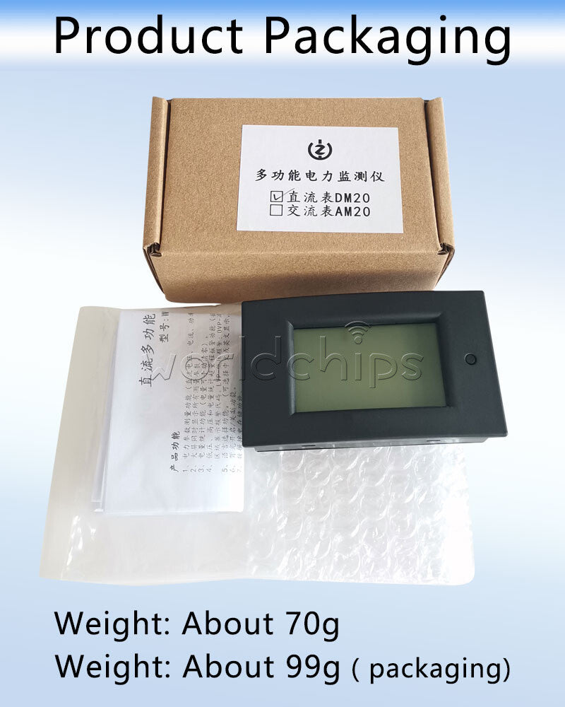 DC Power Monitor Digital Display 100V/20A Voltage Current Power Energy Meter