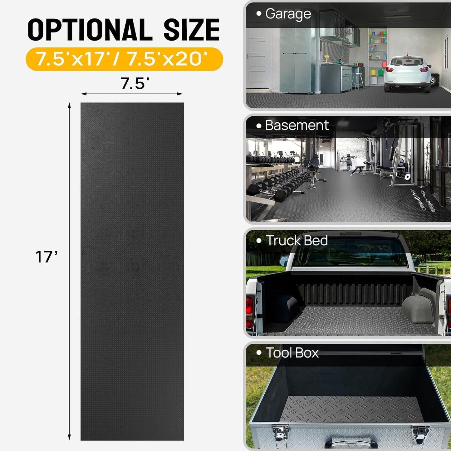 7.5x17 FT Garage Floor Mat, Double Diamond Plate PVC, Thickened