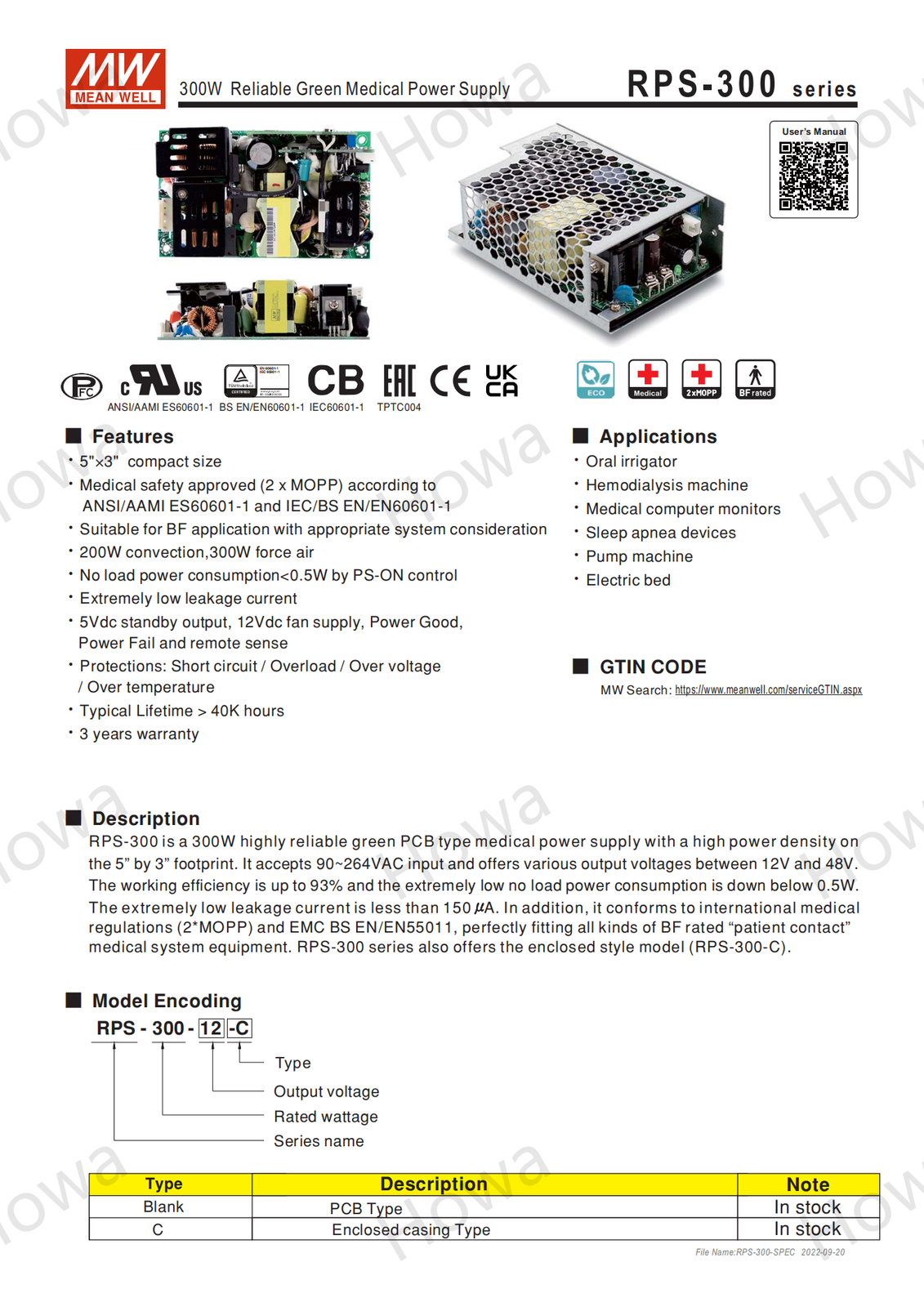Mean Well RPS-300 Switching Power Supply Medical PCB Type 300W 12V15V24V48V