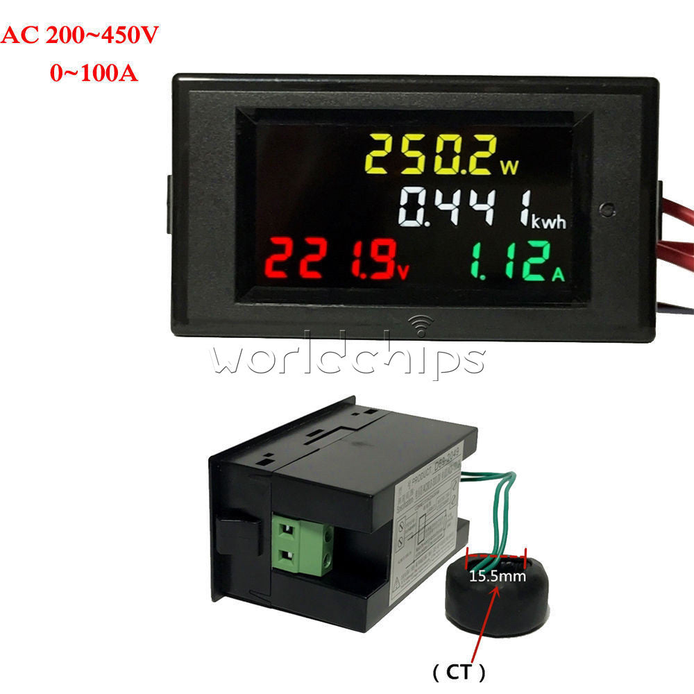 AC 200-450V 100A Digital LCD Voltmeter Ammeter Volt Amp Power Kwh Panel Meter CT