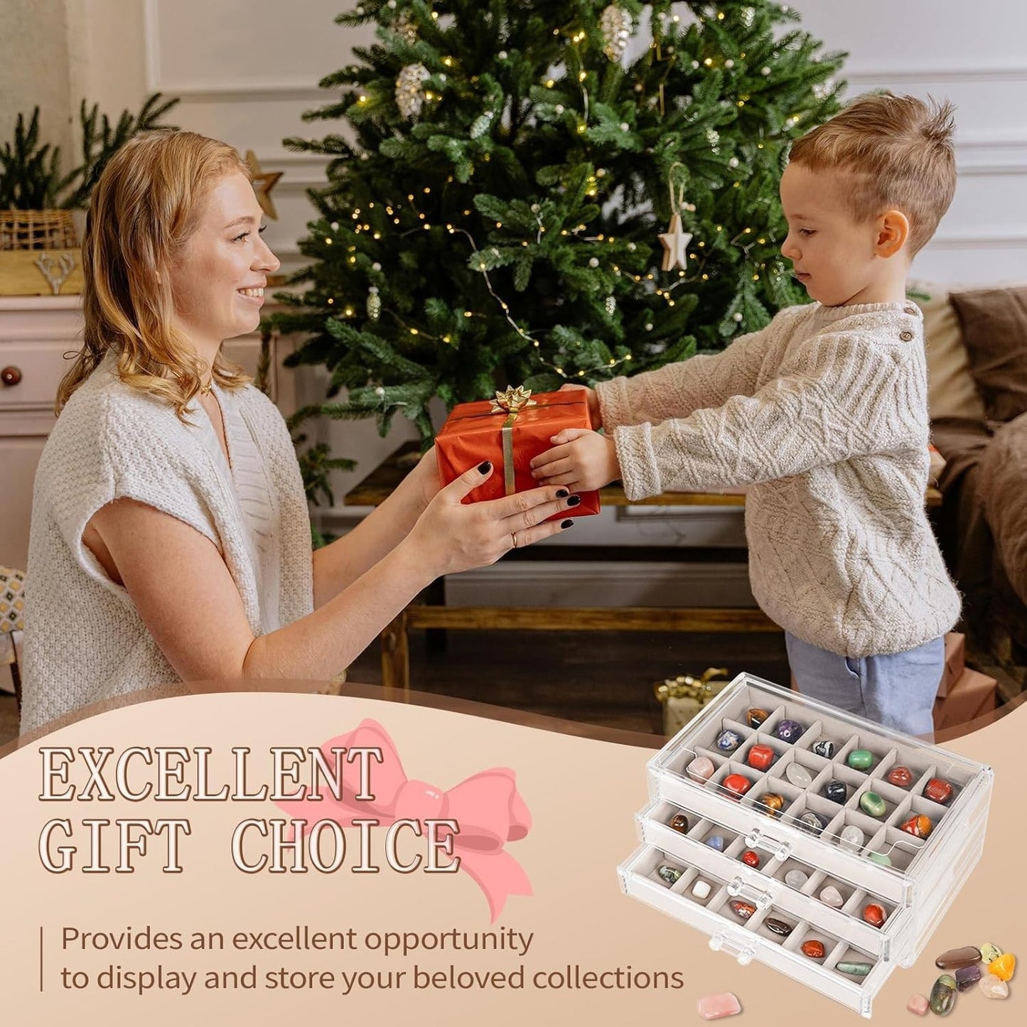 Acrylic Rock Display Case,54 Grids Rock Collection Box for Kids with Mini Magnif