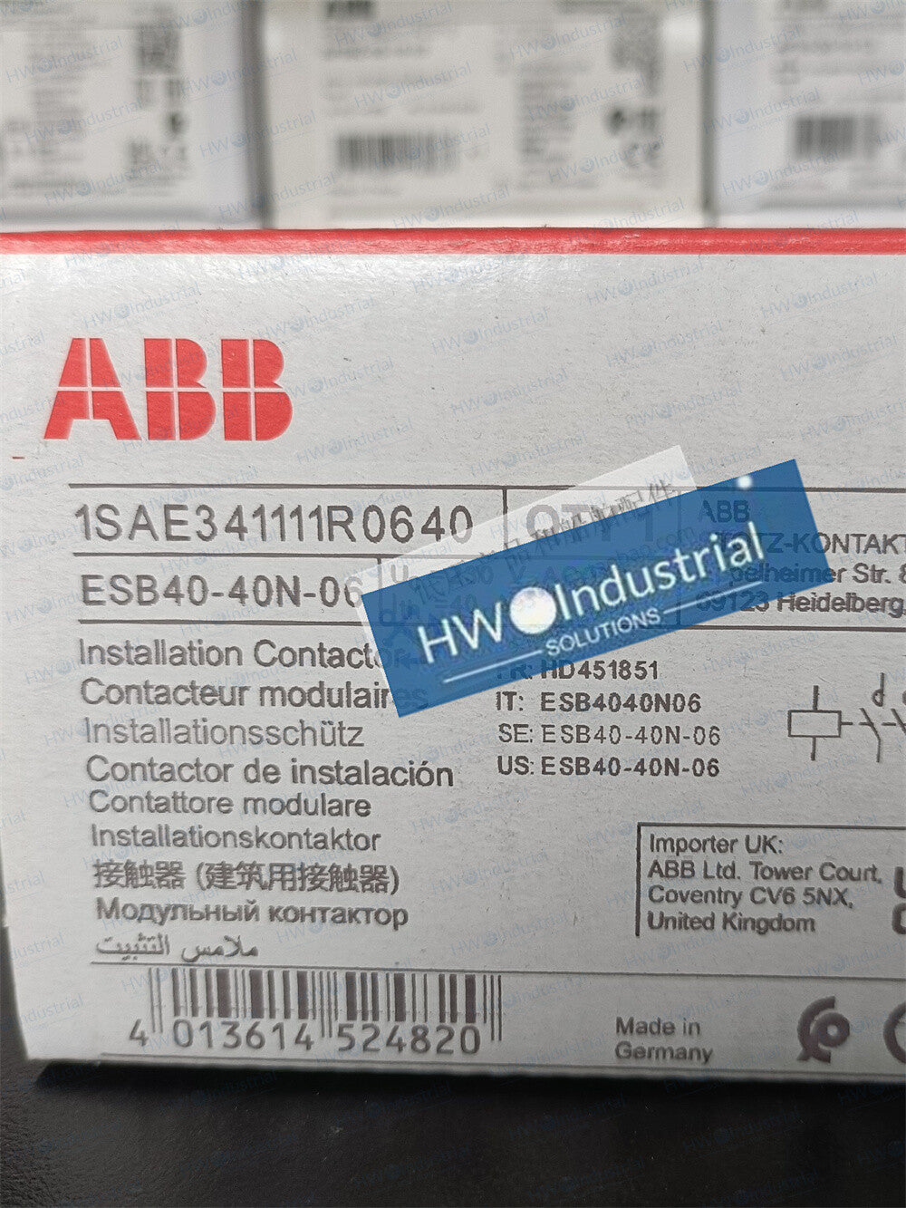 1/Piece ESB40-40N-06 ABB Building Specific 40A Contactor Coil Voltage 230VAC/DC