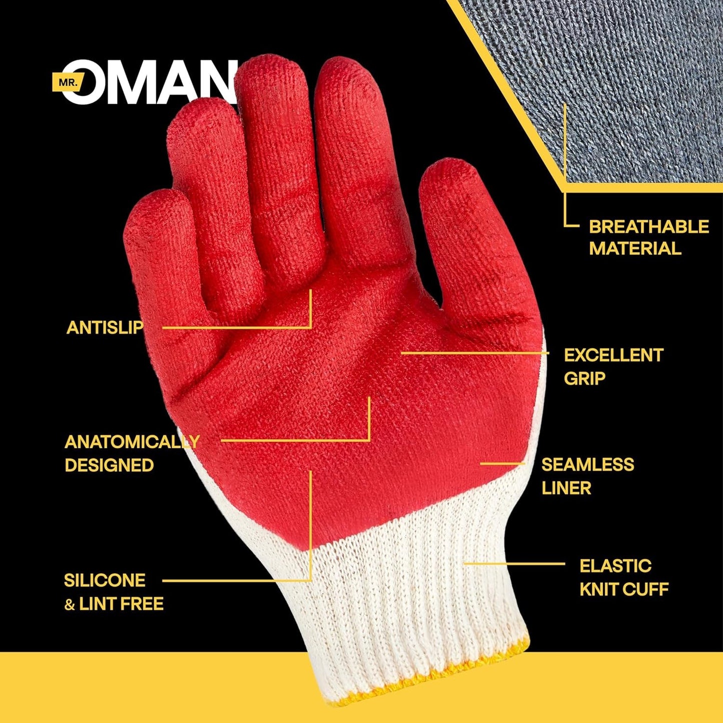 Red Palm Latex Work Gloves, Cotton/Polyester Shell, Durable