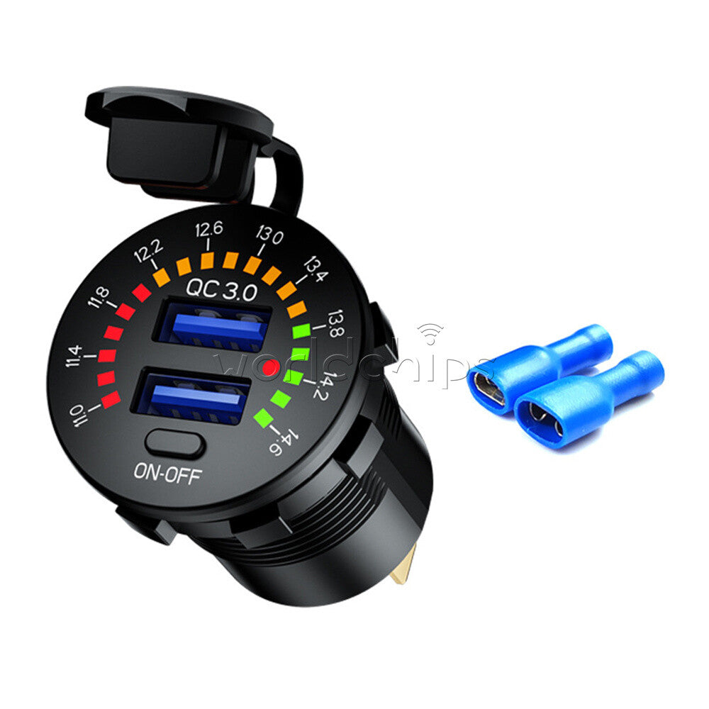 QC3.0 Dual-USB Car Charger Socket LED Digital Voltmeter Voltage Meter DC12V~24V