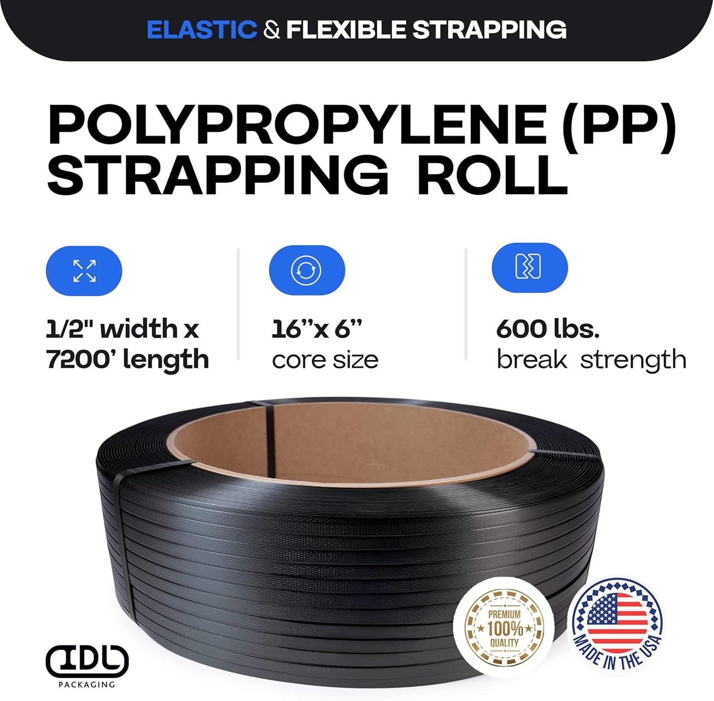 1/2" x 7200' Polypropylene Strapping Roll, Hand Grade 600 lbs Break Strength