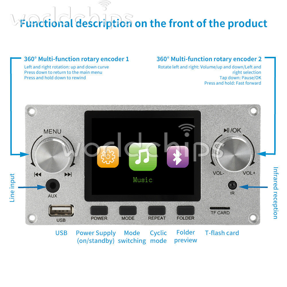 2.8inch IPS Bluetooth MP3 Decoder Board TF USB Car Amplifier Audio Player 2 Way
