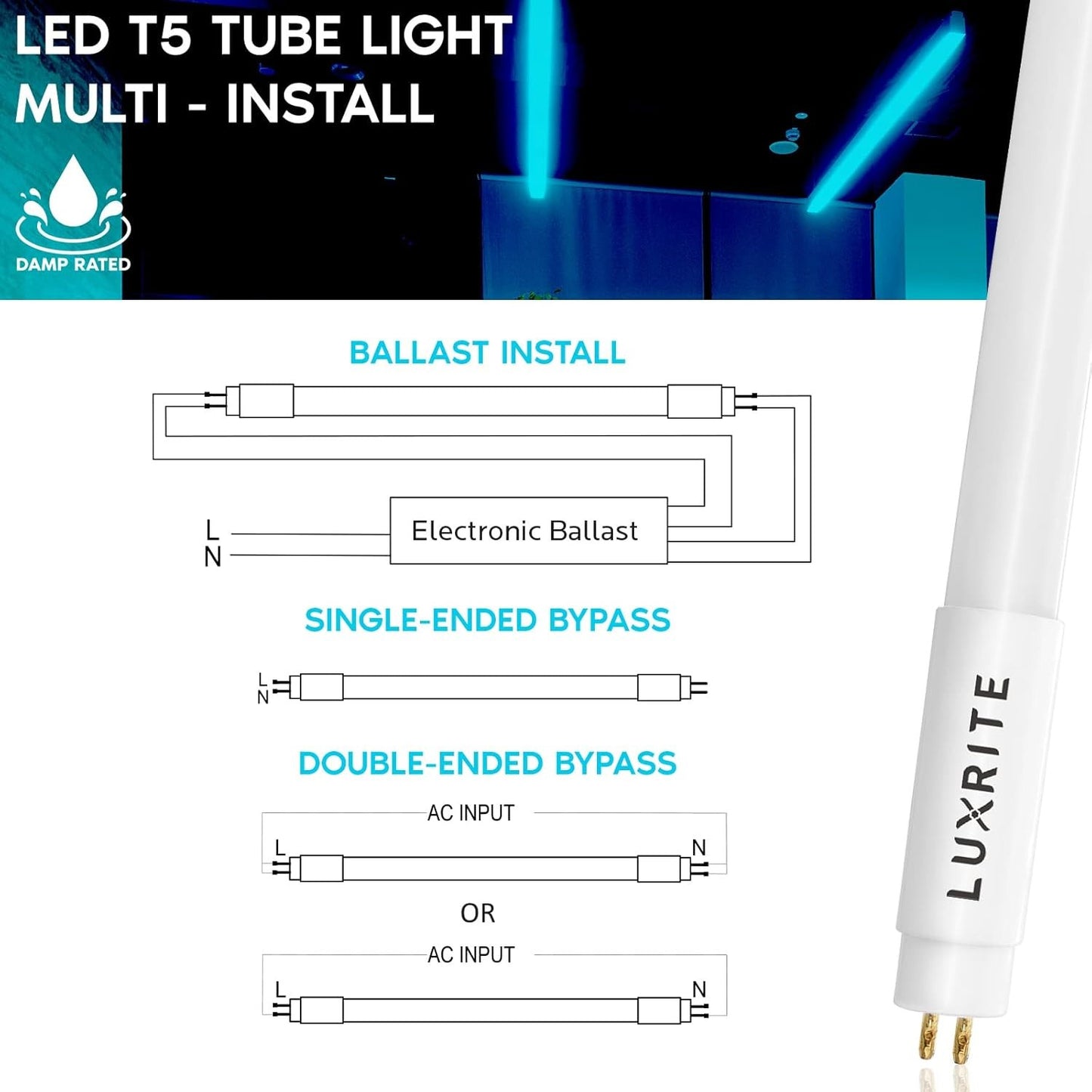 12-Pack 4FT T5 LED Tube Lights, 24W=54W, 5000K, Type A+B, Damp Rated