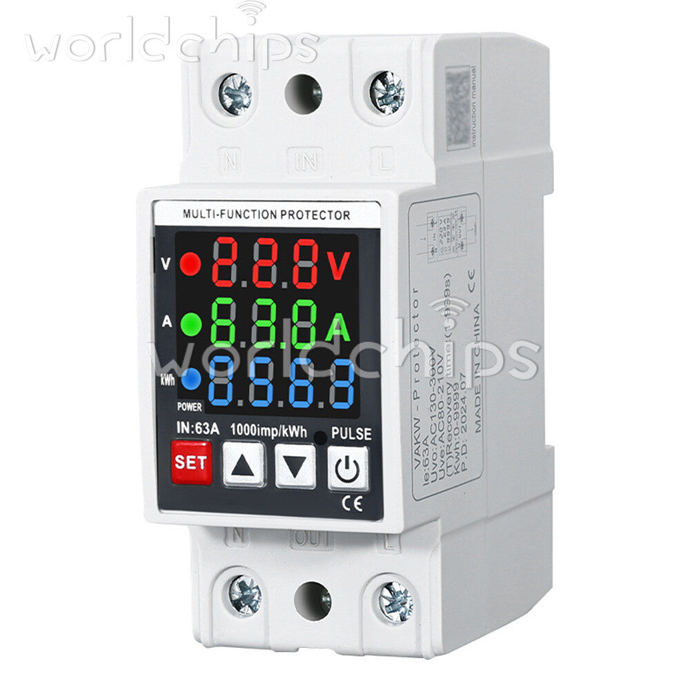 35mm Rail Self-Reclosing Voltage Current Power Meter KWh Voltmeter Ammeter 63A