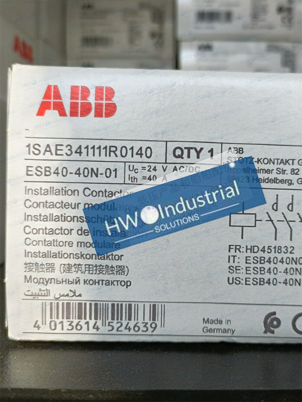1/Piece ESB40-40N-01 ABB Building Specific 40A Contactor Coil Voltage 24VAC/DC