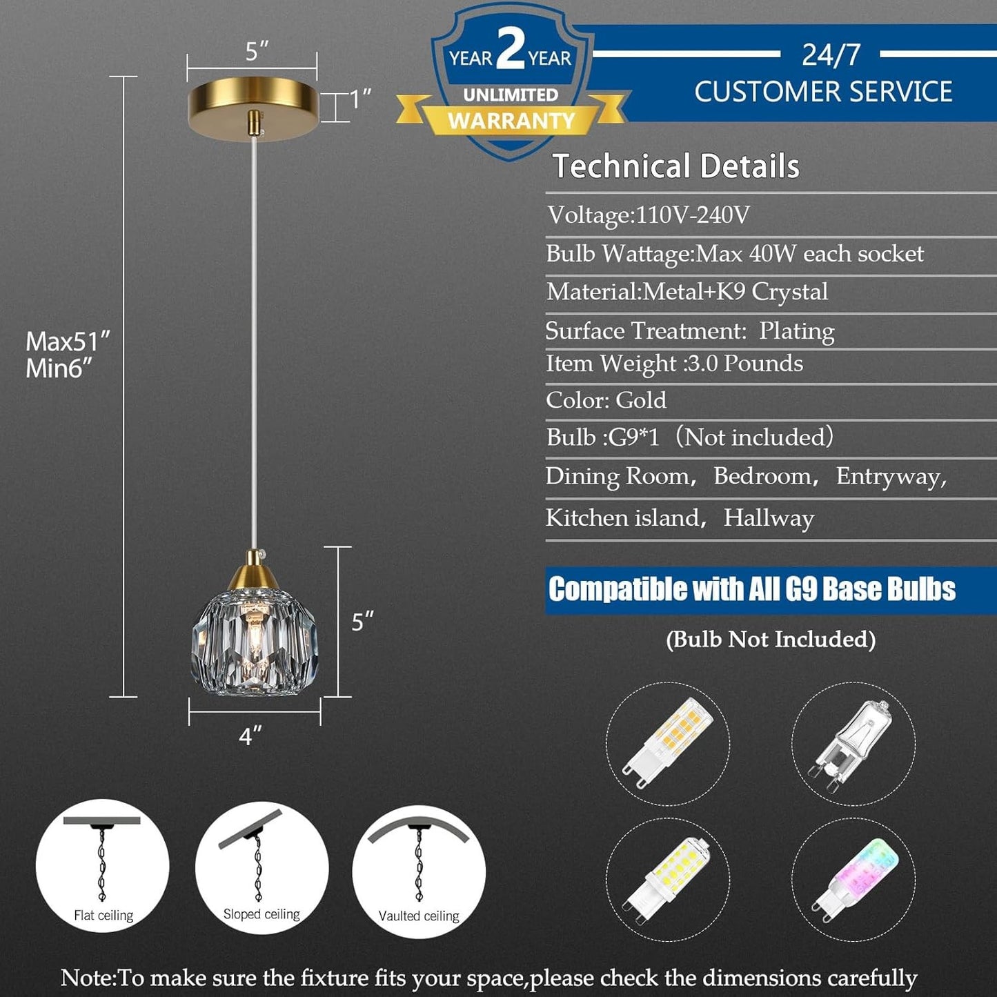 3-Pack Gold Crystal Chandeliers, Modern Pendant Light for Dining Room