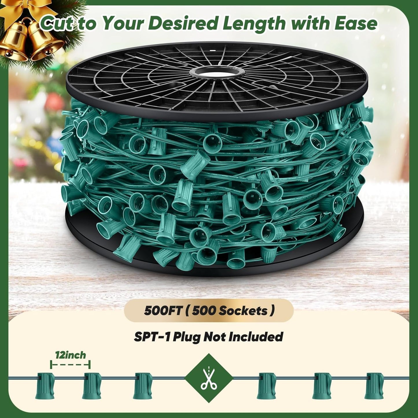 500 FT C9 Cut-to-Length Christmas Lights - Outdoor, E17 Sockets, Green Wire