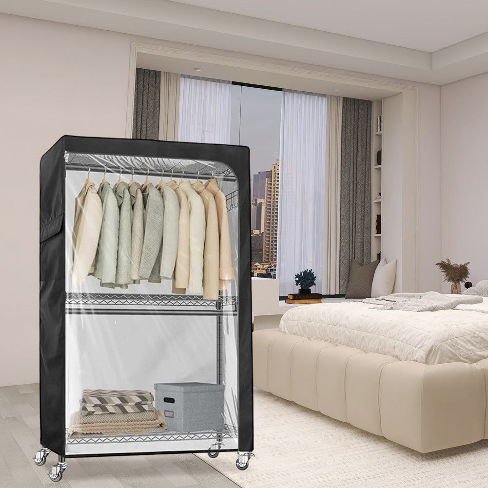 Garment Rack Cover with Clear PVC Window Zipper and Side Storage Pockets
