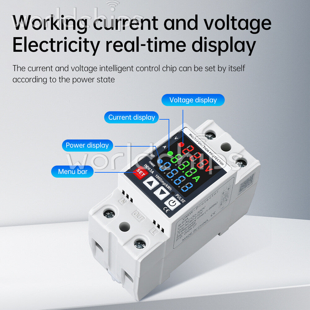 35mm Rail Self-Reclosing Voltage Current Power Meter KWh Voltmeter Ammeter 63A