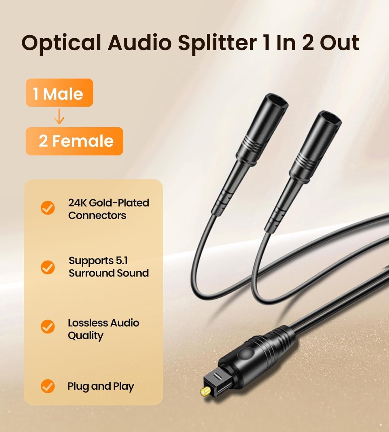 Optical Audio Cable Splitter 1 in 2 Out, Toslink Digital Fiber Audio Splitter 1